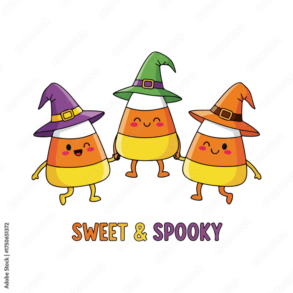 Fototapeta premium Three candy corn characters wearing witch hats and holding hands.