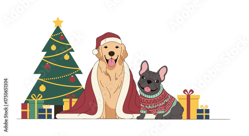 Festive golden retriever dressed as santa with a french bulldog wearing a christmas sweater near a tree and presents.