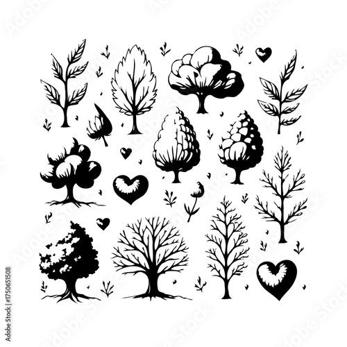 Stylized arboreal illustrations collection representing various deciduous conifer species with
