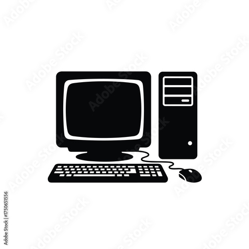 Retro Desktop Computer Set – CRT Monitor, PC Tower, Keyboard and Mouse Silhouette Vector