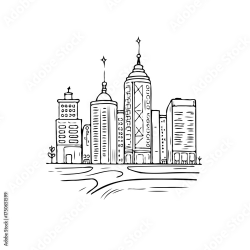 Stylized cityscape drawing portraying architectural diversity with a modern flair in monochromatic