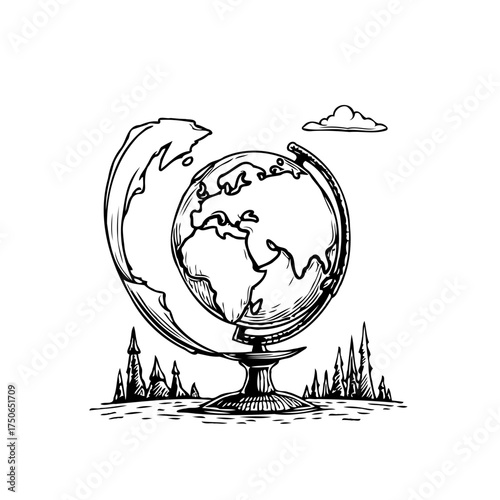 Stylized globe with wave and land formations sketch illustration conveying global impact and