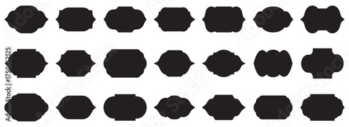 Black decorative label silhouettes, vintage frame shapes, retro outline badge, ornate geometric borders, empty tag design graphics, shield elegant royal crest emblem, retro sticker, Vector set. 