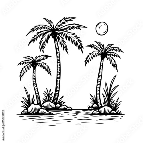 Tranquil monochrome tropical scene with swaying palms under a celestial orb offering a vintage