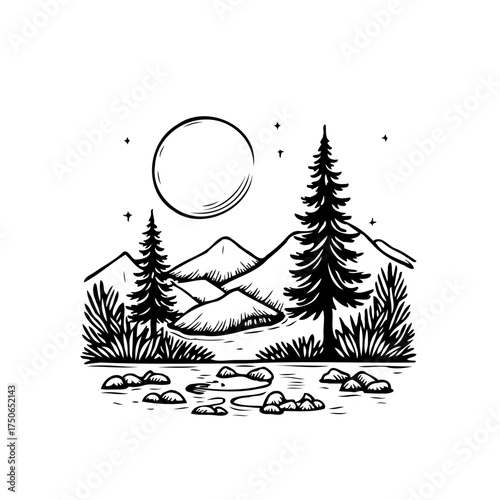 Tranquil mountain scene illustration with conifers rocks water and moon in monochromatic