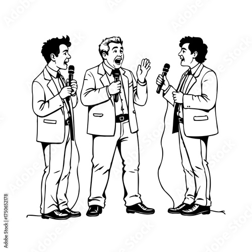 Trio of singers performing live on stage harmonizing in a lively performance with microphones for