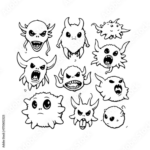 Unique line art drawings showcase a variety of fanciful little creatures and expressive cartoonish