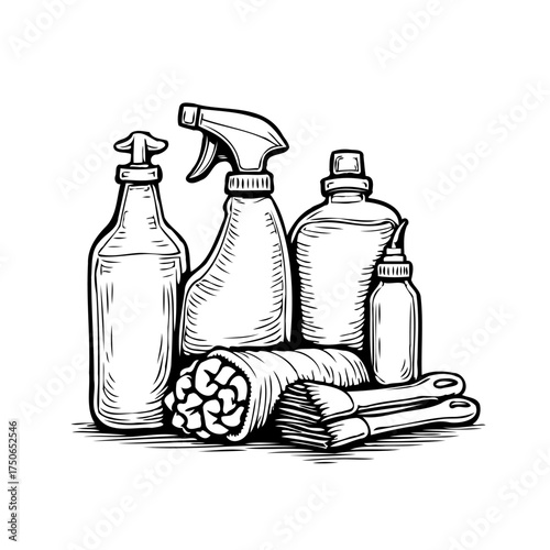 Vintage etching illustration displaying diverse cleaning bottles sprays cloths and tools for