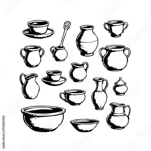 Vintage kitchenware sketch a charming array of hand drawn ceramic items and vessels for dining