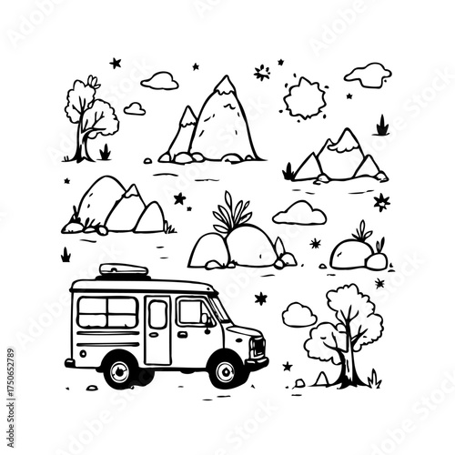 Whimsical adventure exploring nature with a delightful campervan journey among mountains trees and