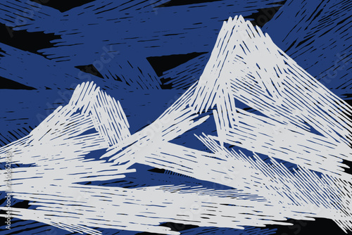 Hand drawn brush lines abstract mountains pattern, Japanese and ethnic wood carving, block print, woodcut texture background in white and blue, creative and experimental graphic for textile, carpet