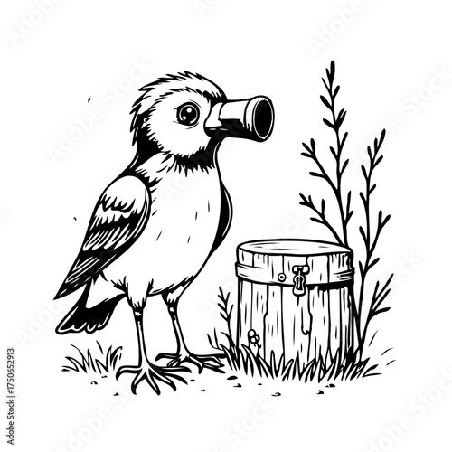 Whimsical avian character spying through a cylindrical lens in a curious natural scenery cartoon
