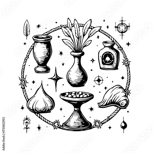 Whimsical botanical collection drawing featuring unique vases and mystical elements displayed