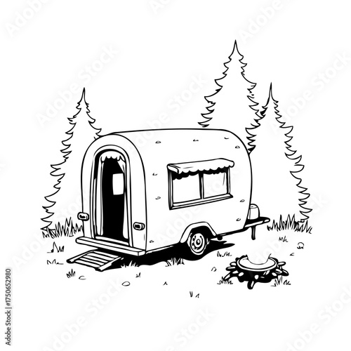 Whimsical camper van illustration nestled among stylized pine trees evokes a sense of tranquil