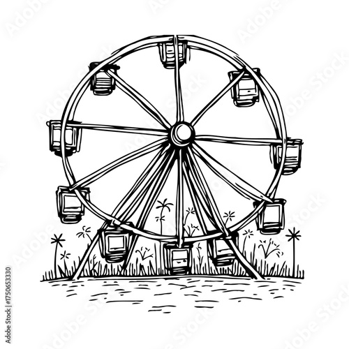 Whimsical depiction of a ferris wheel standing gracefully amidst a whimsical illustrated park