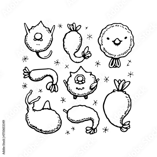 Whimsical doodle cartoon creatures float in a starry sky a playful illustration of imaginary