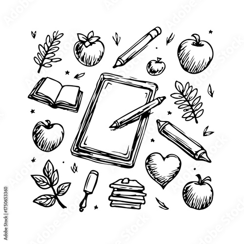 Whimsical digital art setup hand drawn sketch of creative process elements displaying artistic
