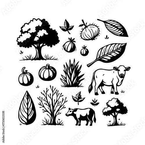 Whimsical farm illustrations showcasing rural life natural elements in a rustic hand-drawn sketch