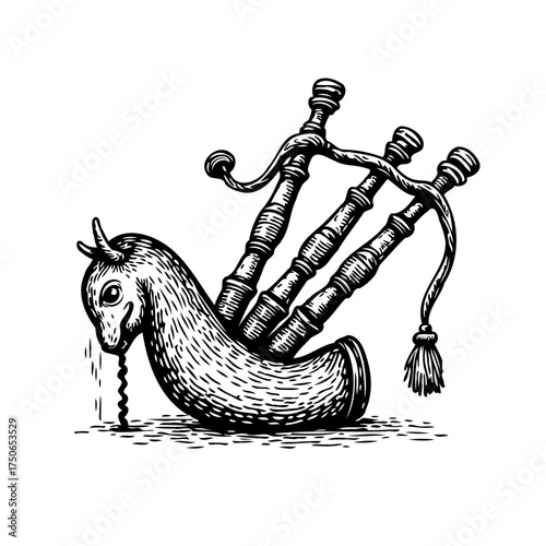 Whimsical equine bagpipe fusion surreal musical instrument woodcut style drawing a unique fusion