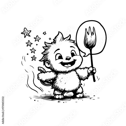 Whimsical fluffy creature presenting silverware symbol with starry ambiance for culinary arts