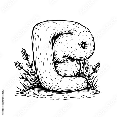 Whimsical furry creature nestled in foliage, a unique drawing style for storybooks and fantasy