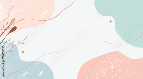 Aesthetic background featuring abstract minimalist elements with organic shapes and delicate lines in soft pastel colors, including pale pink, baby blue, and mint green, blended together
