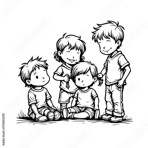 Whimsical gathering of joyous children depicted in charming black and white illustration offering