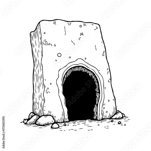 Whimsical line art illustration of a cave entrance in a stone, perfect for adventure story designs