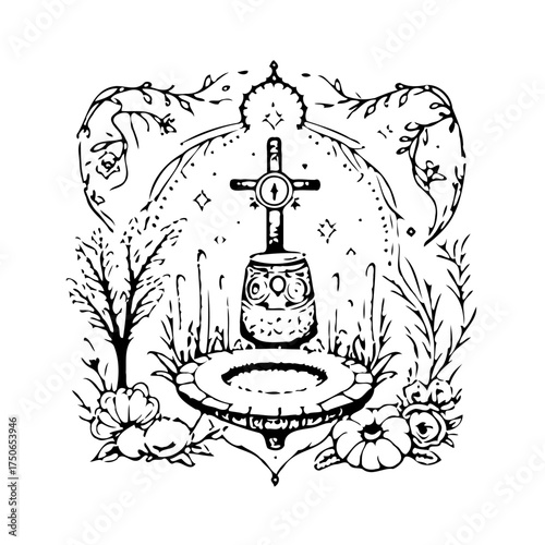 Whimsical linework illustration of a stone fountain amidst floral and arboreal motifs conveying