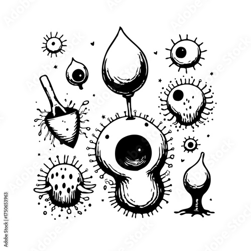 Whimsical monochrome collection of strange otherworldly beings and objects arranged abstractly for