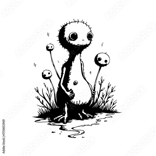 Whimsical monochrome creature with spindly limbs and surreal floating heads in eerie fantasy