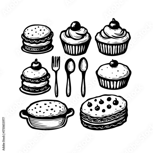 Whimsical monochrome dessert selection: a delightful assortment of hand drawn cakes and sweets for