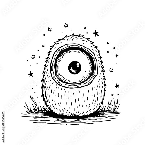 Whimsical one eyed furry creature amidst twinkling stars a hand drawn fantasy illustration for