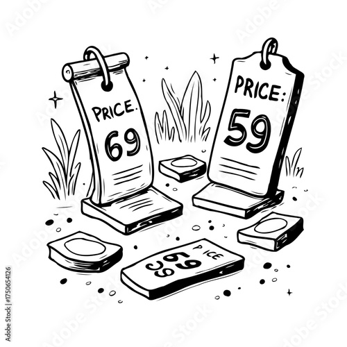 Whimsical price tag illustration amidst lush greenery depicting retail marketing and consumerism