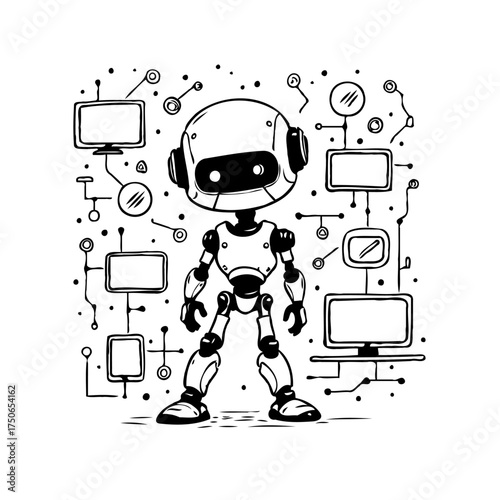 Whimsical robot navigating complex data networks illustration a blend of technology with playful