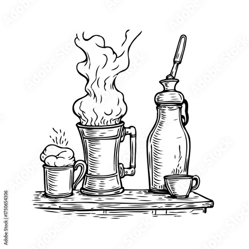 Whimsical sketched drink arrangement featuring steaming beverages antique syrup dispenser and