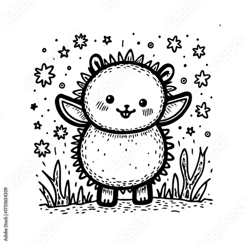 Whimsical spiky character surrounded by stars a playful illustration in monochrome art for kids