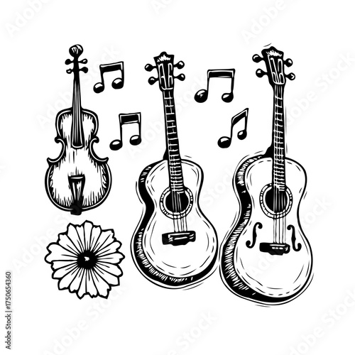 Whimsical stringed instrument trio illustration accompanied by musical notes and floral blossom
