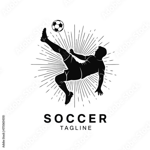 Dynamic soccer player silhouette kicking ball retro sunburst style vector