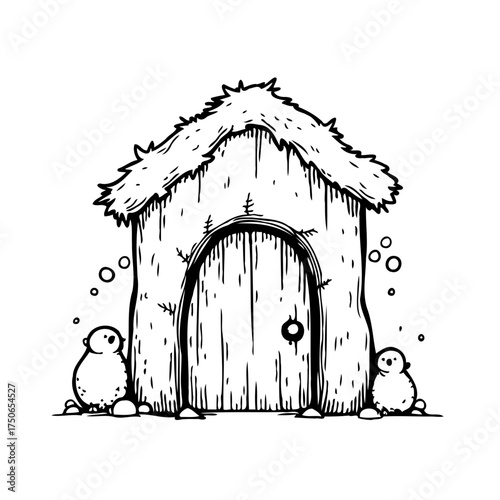 Whimsical woodland dwelling with thatched roof and cute bird guardians in a monochrome