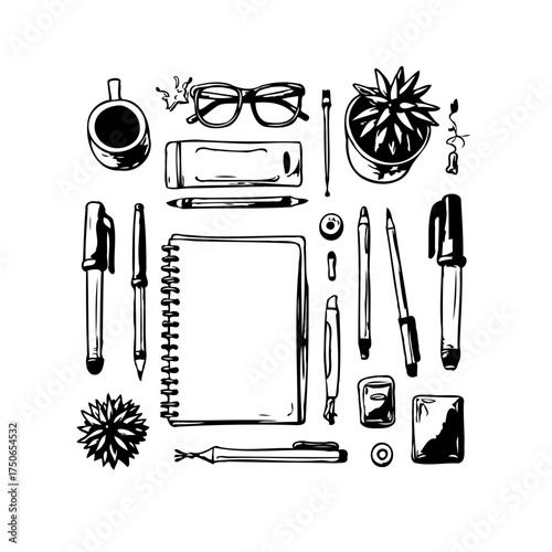 Workspace arrangement showcasing artistic objects and implements for creative activity and