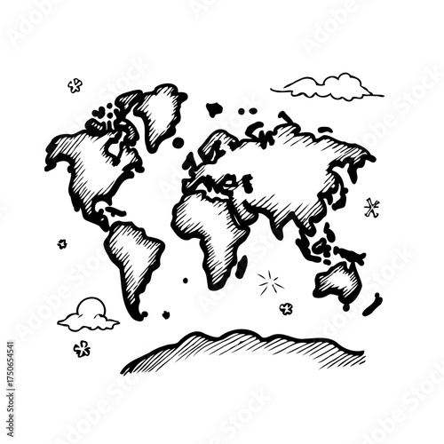 Whimsical world map with hand drawn style showcasing geography education and global travel