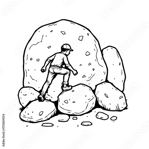 Young adventurer exploring rugged terrain conquering oversized boulders in a cartoon style