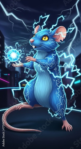 Electric Mouse Conjuring Energy Ball in Stormy Cityscape.
