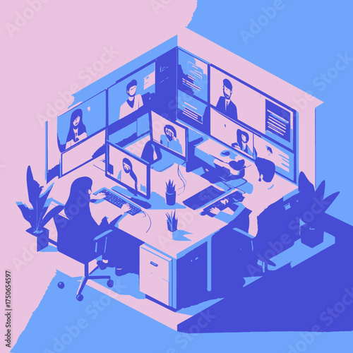 Team members engaged in a video conference call at the office.