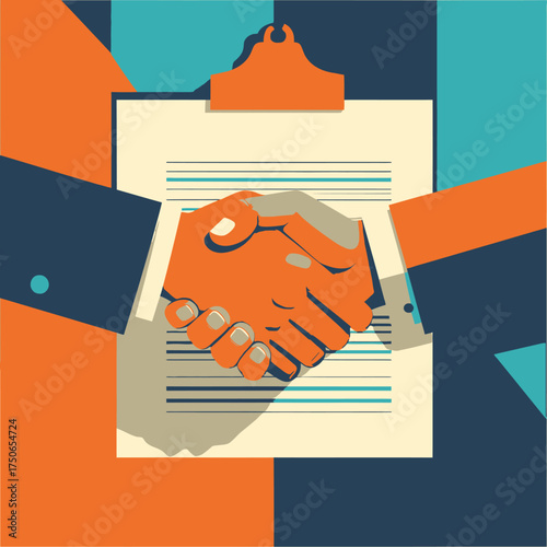Business partners shaking hands over a signed contract agreement.