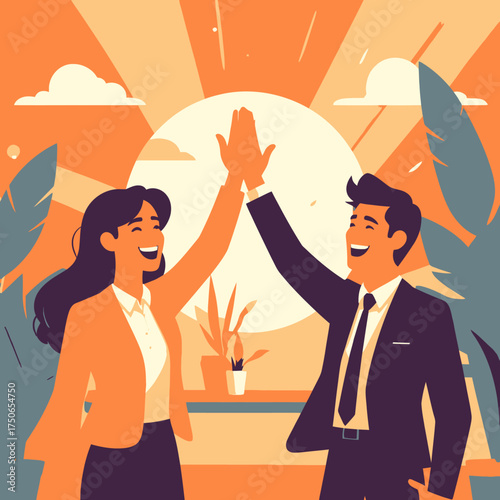 Successful business partners celebrate achievement with high five gesture.
