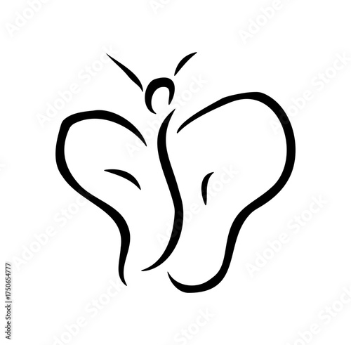 Simple black butterfly silhouette with elegant curved lines, minimal vector style, by hand drawn on transparent background.