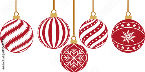 Christmas bauble set with red glossy ornaments, realistic lighting and shadows, hanging from golden strings, ideal for winter holiday illustrations.