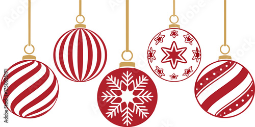 Realistic red Christmas baubles hanging on strings with metallic shine and soft reflections, isolated vector set for festive decoration and greeting cards.